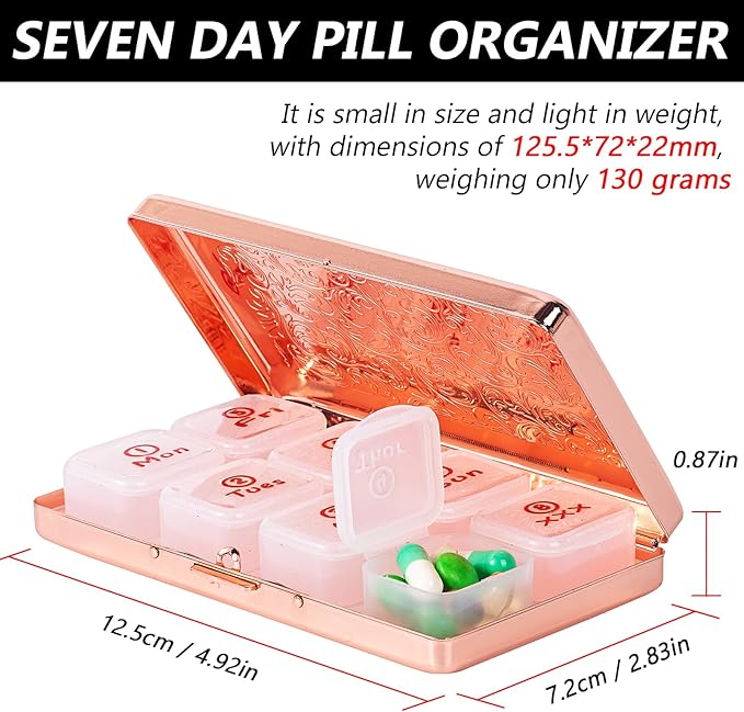 Portable 7-Day Metal Pill Case, Featuring 8 Compartments—Perfect for Travel. BPA-Free. (L-Pink, Large)