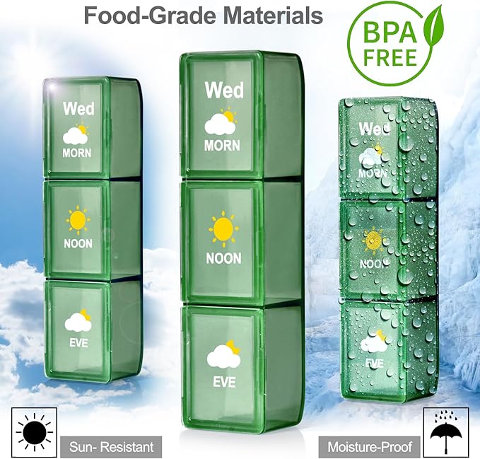 Pill Organizer 3 Times a Day, Daily Pill Box with Morning Noon Night Compartments, Portable Medicine Organizer for Travel, Work & Home (Green)