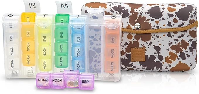 Made Easy Kit Pill Case Large 7-Day / 28 Compartments in Neoprene Carrier with Storage Pill Box in Daily in Morn, NOON, EVE, Bed a Weekly Vitamin, Medicine, Capsule Organization (Brown White Cow)