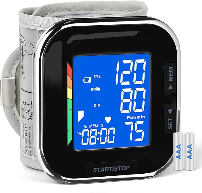 Blood Pressure Monitor Adjustable Wrist Cuff LCD Backlit Display BP Machine for Home Use Stores Up to 60 Readings Batteries Included with Carrying Case, Black