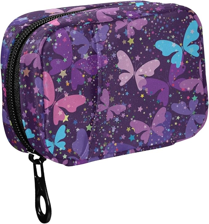 Fustylead Bright Fantasy Purple Butterflies and Stars Pill Organizer Case with Zipper 2 Times A Day for Vitamin and Supplement, 7 Day Travel Organizer Medicine Case