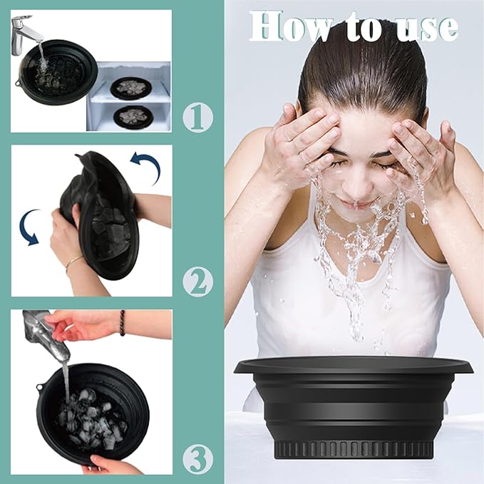 Large Silicone Bowl for Face Ice Bath with Built-In Icetray, Foldable and Hanging Design for Easy Storage and Carrying, Dipping Face Ice Bath at Home and Travel (Black)