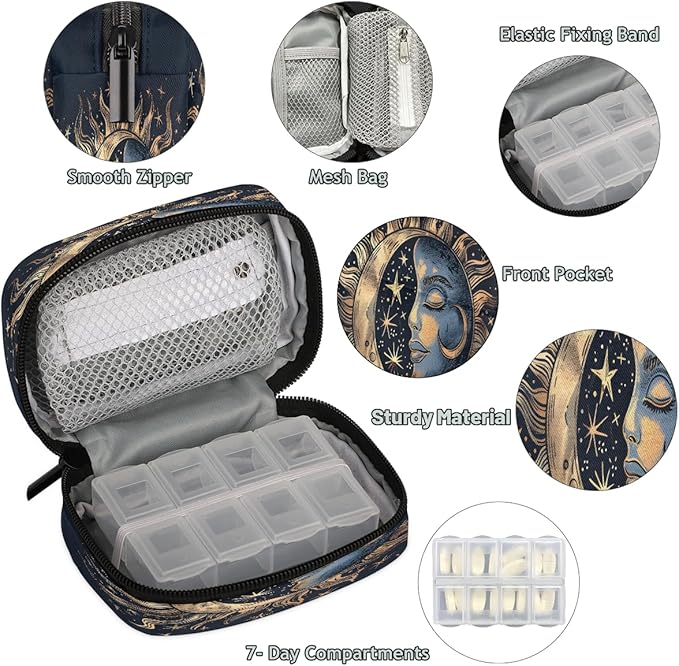 Weekly Travel Pill Organizer Case for Purse with Removable 7 Day Box Portable Compact Size Pill Box Fashionable Pill Container for Medicine Vitamin Supplement Boho Moon Ethnic
