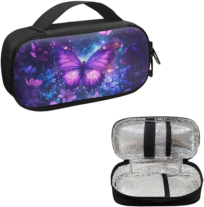Purple Butterfly Flowers Insulin Pen Cooler Travel Case Insulated Diabetic Medication Organizer Carrying Bag to Store Insulin Cartridges, Needles, Test Strips, Easy to Clean & Use