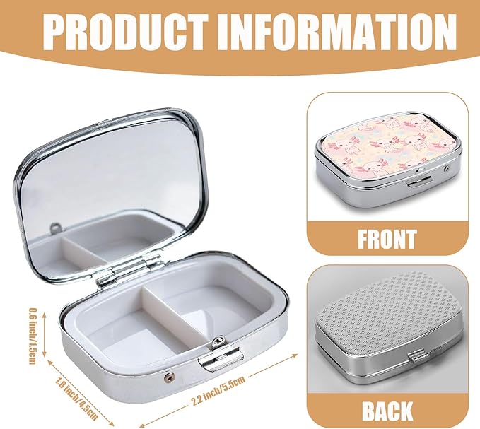 Pill Box-2 Compartment Small Pill Case Square Organizer Case with Mirror Portable Metal Medicine Box Travel Container for Pocket & Purse Women Men（Cute Axolotl）