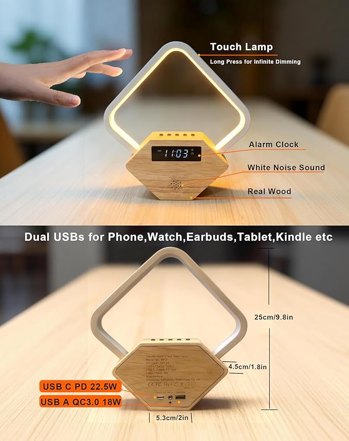 Light Therapy Lamp with Sunrise Alarm Clock,White Noise Machine & Dual USB Fast Charger (PD22.5W/QC3.0),Touch Night Light for Home Office, Gift for Men Women