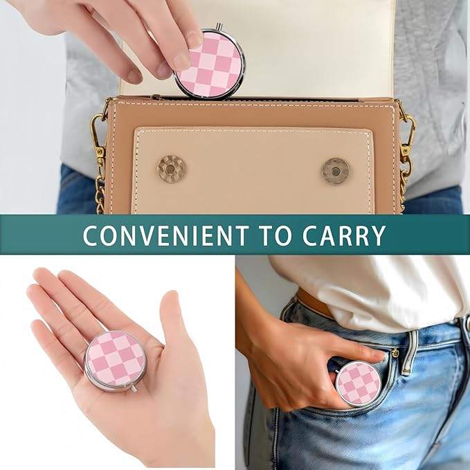 Pill Box 3 Compartment Pocket Small Pill Organizer Mini Metal Pill Holder Travel Portable for Woman - Pink Checkered Pattern