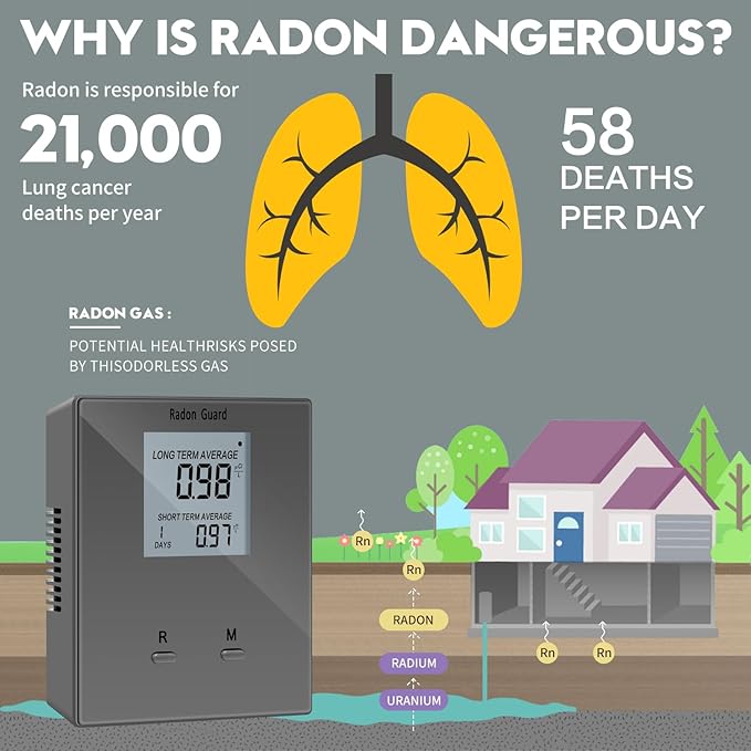 Home Radon Detector, Portable Radon Meter, Long and Short Term Home Radon Monitor, Battery-Powered, Prevent Excessive Radon Levels, Keep Your Health, Gray, Grey, BG-005