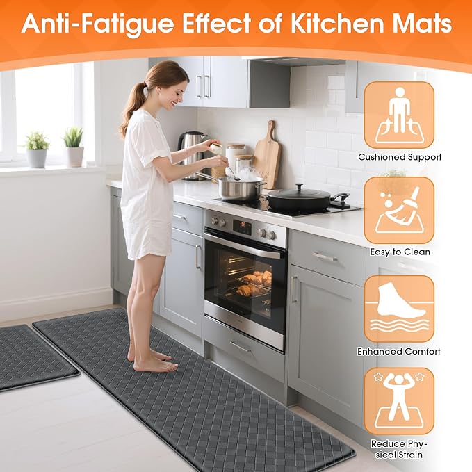 Kitchen Mats, 2PCS Kitchen Rugs, Cushioned Anti Fatigue Kitchen Mats for Floor, Non-Slip Standing Desk Mat, Waterproof Kitchen Rug Set for Kitchen Floor Office,17.3"×30"+17.3"×59" Grey