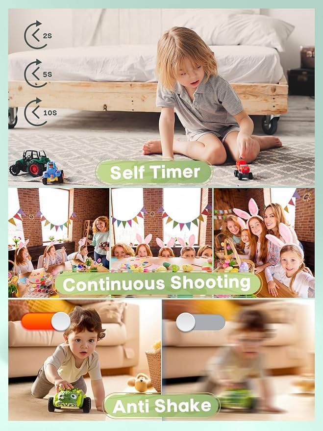 Digital Camera - 1080P Vlog Camera, 44MP Compact, 16X Zoom, Anti-Shake, Green Gift for Kids