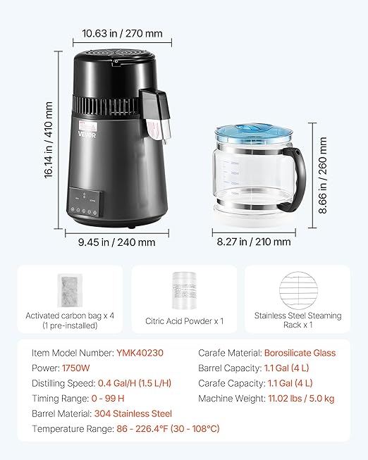 VEVOR 1750W Water Distiller, 0.4Gal/H Distilled Water Maker with Glass Carafe, 4L/1.1Gal Countertop Distiller Machine, 0-99H Time Temp Dual Display, Anti-Dry Design 304 Stainless Steel Still, Grey