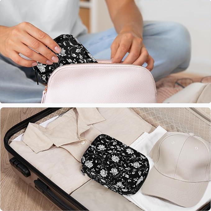 Floral Black Retro Pill Case Everyday Travel, 7 Day Weekly Medicine Pill Box Compact Portable Pills Bottle Organizer with Zipper for Daily Vitamin Medicine Holder Bottle Organizers Bag