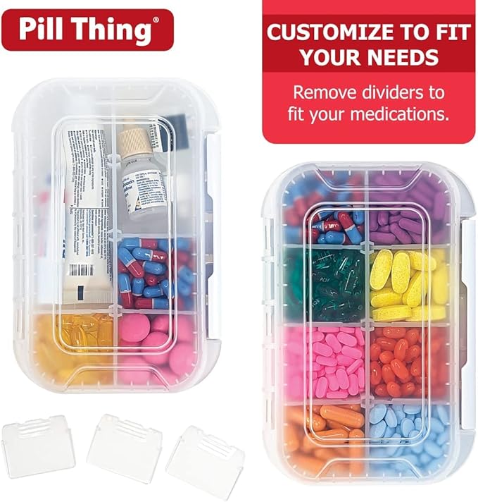 8 Compartment Large Pill Case with Airtight Seal, Adjustable Dividers, Silicone Gasket Waterproof Med Box with Medication Map (Clear - 2 Pack)