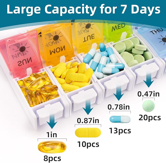 DailyRest Pill Organizer 2 Times a Day, 1 Pack Day Night Pill Case, Detachable Push Button Design, Large Compartment Weekly 7 Day Pill Box, Medicine Organizer for Fish Oil/Vitamins/Supplements