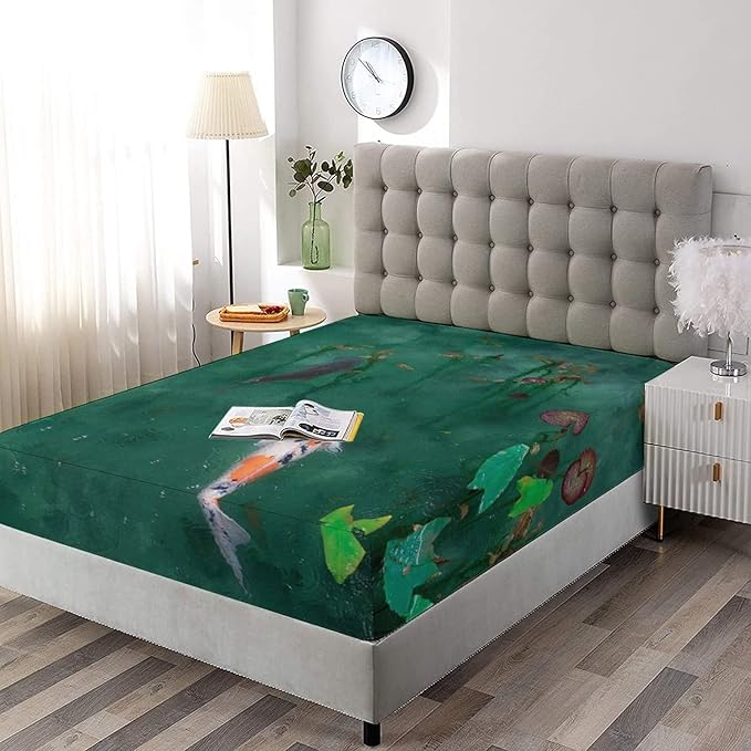 Decorative Bedding Sheet Set Twin XL Size, Koi Fish Deep Pockets Fitted Sheet & 2 Pillow Sham Set(No Flat Sheet), Rainy Day Breathing Koi Print Microfiber 3pc Bed Sheets Set, for Women & Men Bedding
