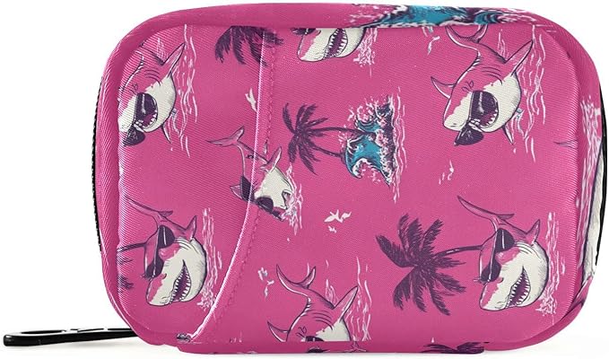 Pink Island Sharks Palm Trees Waves Travel Pill Organizer Case Box Container Weekly Portable Vitamin Medicine Holder Storage Bag with Zipper Removable