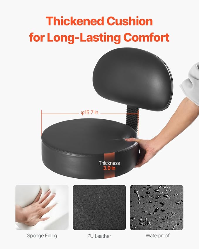 VEVOR 450 LBS Weight Capacity Round Rolling Stool Chair, Height Adjustable Thickened PU Leather Swivel Stool for Salon, Spa, Massage, Tattoo, Clinic, Black