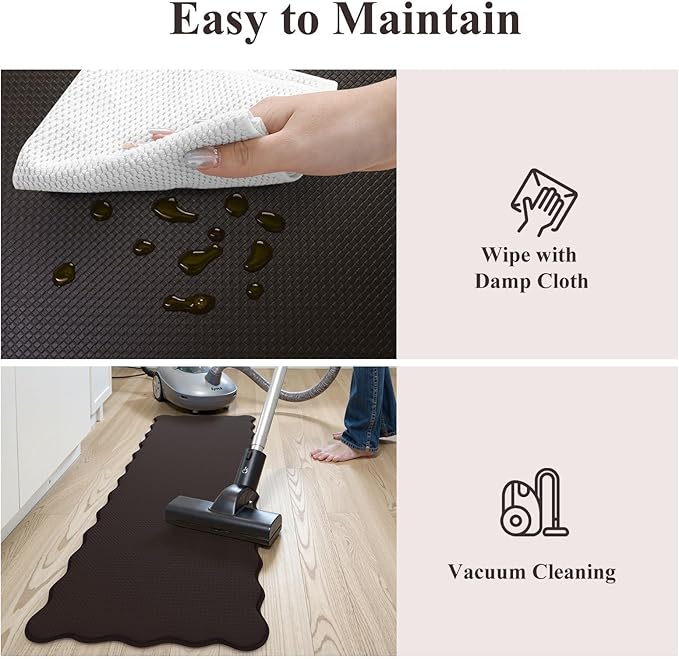KIMODE Anti Fatigue Kitchen Mats for Kitchen Floor,Scalloped Kitchen Rugs Sets of 2 Non Slip,Cushioned Padded Memory Foam Kitchen Floor Mat Carpet for Office Laundry Sink,Brown