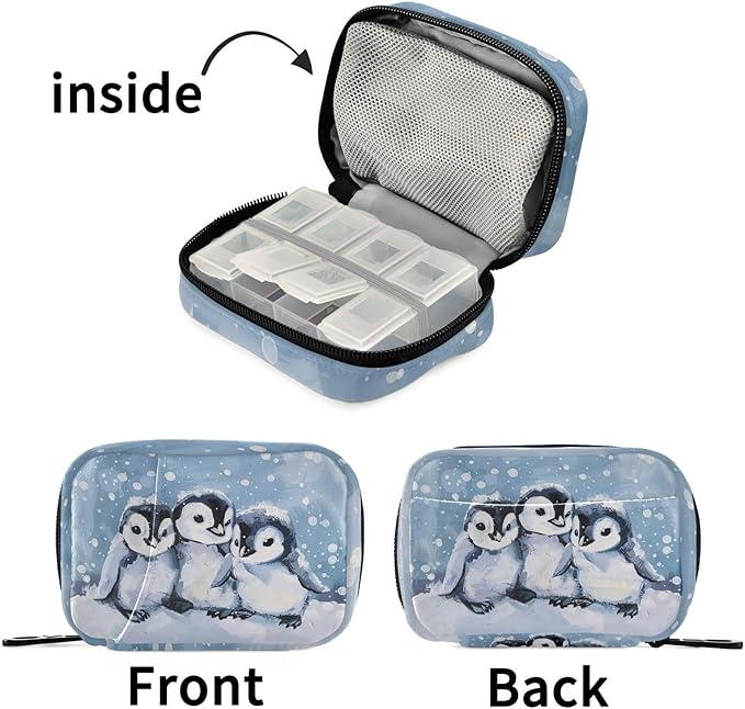 Fustylead Cute Hand Draw Winter Penguins Pill Organizers 2 Times A Day Pill Case Bag with Zipper Portable Weekly Pill Dispensers for Vitamin Supplement