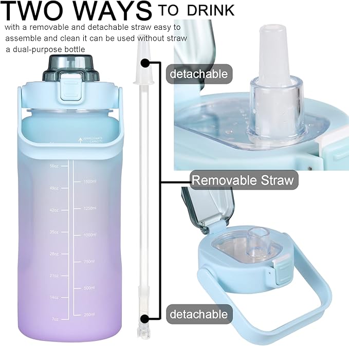 RYI Large Half Gallon 64 OZ Motivational Water Bottle with Straw Time Marker BPA Free for Sport and Fitness Blue Purple