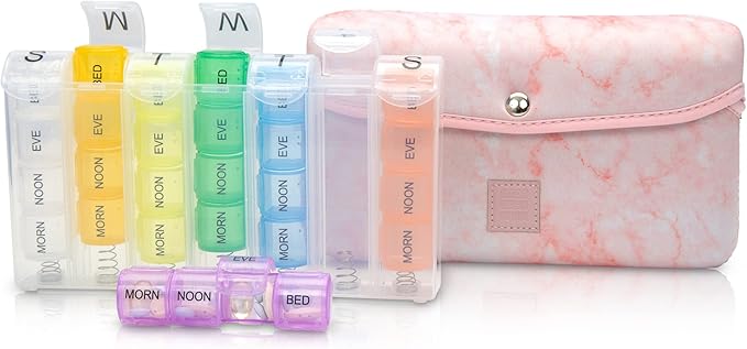 Made Easy Kit Pill Case Large 7-Day / 28 Compartments in Neoprene Carrier with Storage Pill Box in Daily in Morn, NOON, EVE, Bed a Weekly Vitamin, Medicine, Capsule Organization (Pink Marble)