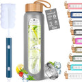 Aqulea Glass Water Bottles 32 Oz with Silicone Sleeve - BPA Free Reusable Wide Mouth Glass Motivational Water Bottles with Fruit Infuser – Leak Proof Borosilicate Water Bottle with Time Marker (Grey)