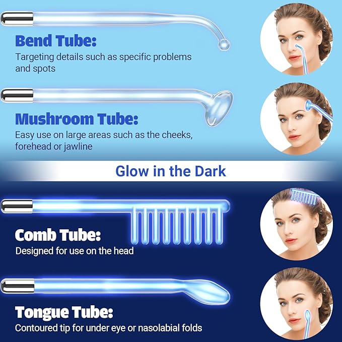 High Frequency Facial Device - TUMAKOU Blue High Frequency Facial Wand - Portable High Frequency Machine with 4 Fusion Neon + Argon Wands