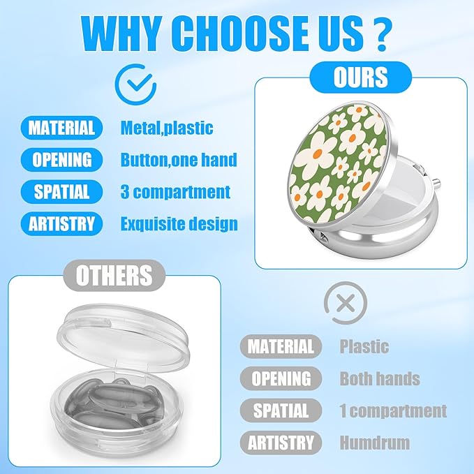 Green Groovy Flower Pill Case, Pill Box 3 Compartments Metal Small Pill Holder with Mirror Mini Travel Pill Container for Purse Pocket Women Men