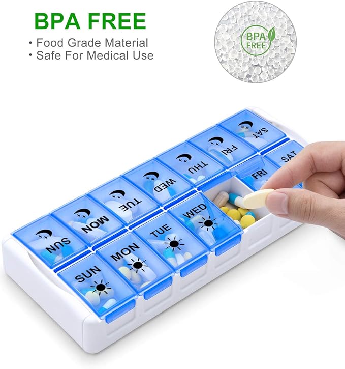 Weekly Pill Organizer 7 Day 2 Times a Day Extra Large, Quick Fill 2020 Fullicon AM PM XL Daily Pill Cases Pill Box with Detachable Base - White/Blue (Patent Registered)
