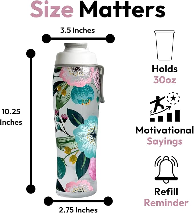 50 Strong Reusable Water Bottle with Time Markers – 30 oz BPA-Free Leakproof Bottle with Chug Cap & Easy-Carry Handle – Made in USA (Pretty Flowers)