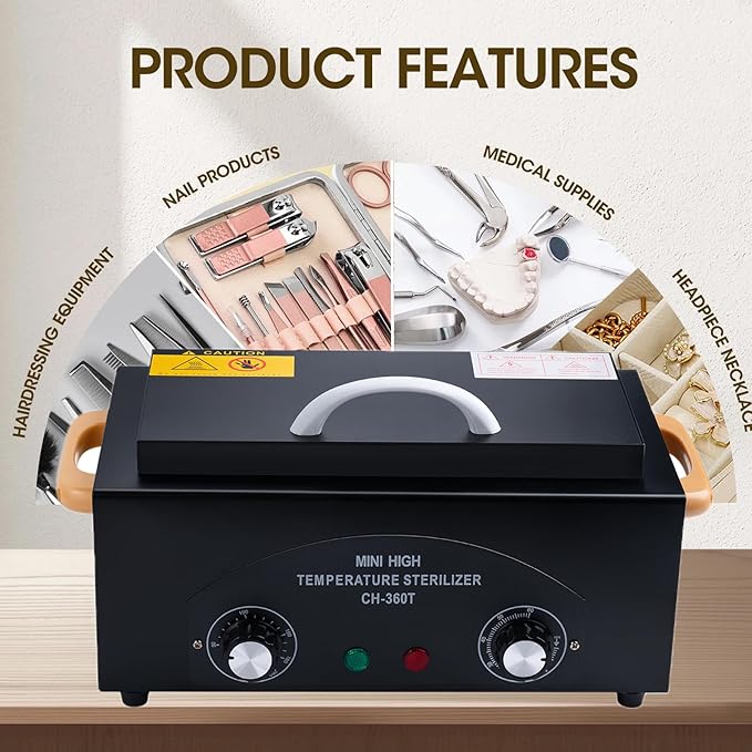 High Temperature Cleaning Box 300W 1.5L with Timer Dry Heat Sterilizer Cabinet Equipment with Stainless Tray For Nail Tool Spa Pedicure Hairdressing Metal Tools with Handle (Black#2)