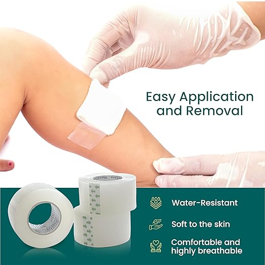 Clear Medical Tape Waterproof, 4 Rolls- 1 inch x 10 yds + 10 pc Gauze Pads - Hypoallergenic Surgical Tape for Wound Care, Dressings & Face, First Aid Waterproof Bandage for Sensitive Skin