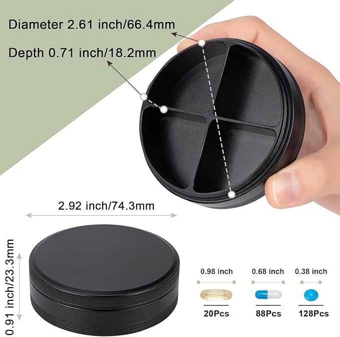 Metal Pill Case 4 Compartments - Travel Pill Organizer Waterproof, Small Pill Box for Purse, Compact Medicine Container Pill Dispensers Holder for Vitamin, Fish Oil, Supplement (Black)