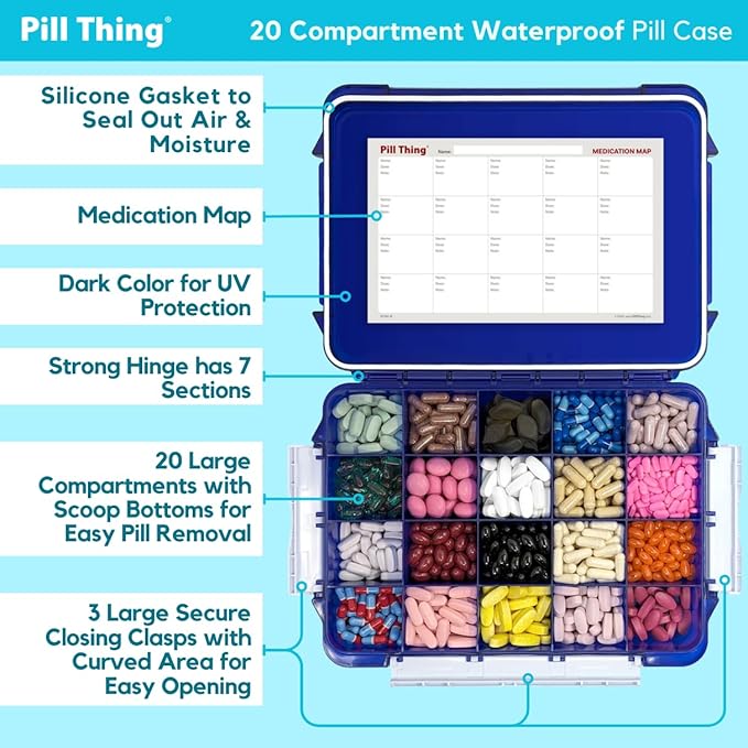 20 Compartment UV Protected Large Cobalt Blue Pill Case with Airtight Seal, Spill Proof, Silicone Gasket Waterproof Med Box with Medication Map, Medical Alert Card (Blue 2 Pack)