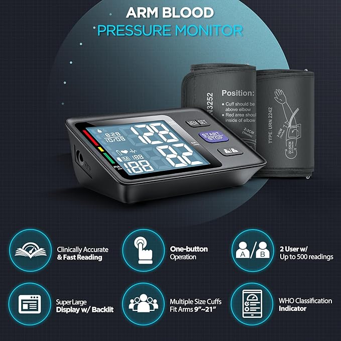 Blood Pressure Machine Upper Arm, 2 Size Cuffs M/L and XL, Medium/Large 9"-17" and Extra Large XL 13"-21", Accurate Automatic Digital BP Monitor, Large Backlit LCD, 2-User 1000 Memories, U85H
