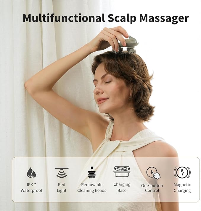Breo Portable Mini Scalp Massager – IPX7 Waterproof Rechargeable Head Massager for Scalp Relax, Stress Relief Tool with Bamboo Wood Charging Base, Removable Massage Nodes (Silver with Base)