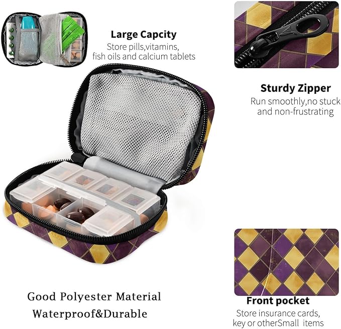 Fustylead Purple and Gold Diamond Pattern Travel Pill Organizer Case Zipper for Purse with Removable Weekly Pill Box for Medicine, Vitamin, Supplement Medicine Organizer