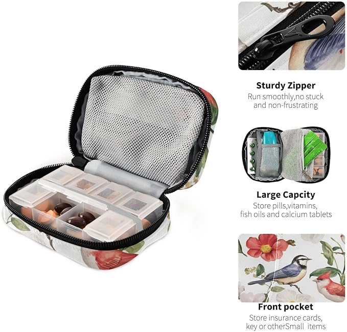 Travel Pill Case Leafs Flower Garden Floral Weekly Small Pill Box 7 Day Pill Box Pill Organizer Bag