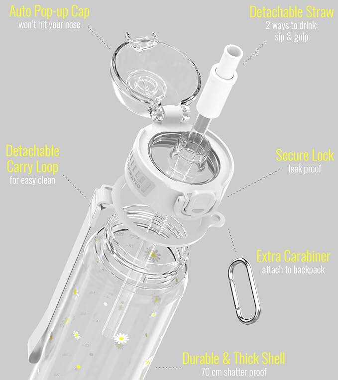 32oz/1L Sport Water Bottle, Light Tritan, Quick-Open Chug Lid/Straw 2-in-1, Leak-Proof, Dishwasher-Safe, BPA-Free, Drop-Resist & Scratch-Resist for Travel/Gym/Office (Daisy)