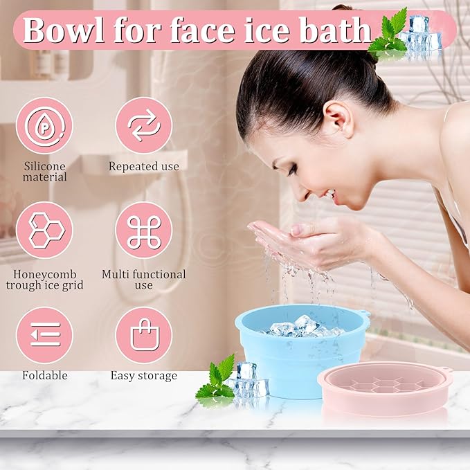 Face Bowl for Ice with Built-In Icetray, 2Pcs Foldable and Portable Ice Bath Face Bowls, Silicone Bowl for Dipping face ice Bath, Easy Storage and Carrying, Dipping face ice bath at Home and Travel