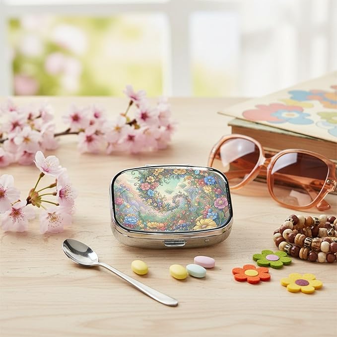 Square Pill Case Small Pill Box with Mirror Pocket 2 Compartment Vitamin Pill Medicine Case Organizer Pill Containers for Traveling Blooming Flower Three