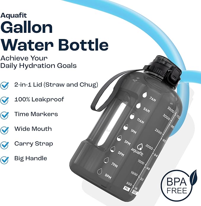 AQUAFIT 1 Gallon Water Bottle with Time Marker - Straw & Chug Lid - BPA Free Gym Water Bottle with Straw - Big Gallon Jug (Purple Haze, 128 oz - 2in1 Lid)