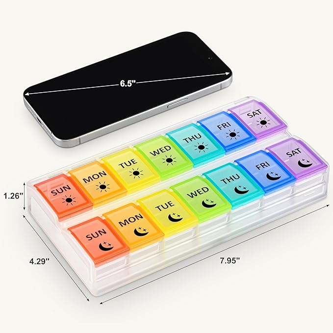 Fullicon Large-Capacity Pill Organizer 2 Times a Day, Fast-Refill Medicine Pill Organizer, Pill Box, Travel Pill Box, Medicine Organizer, AM PM Weekly Pill Case (Clear Rainbow) Patent Pending