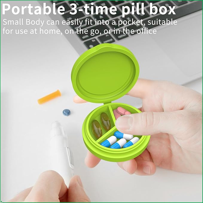2 Pack Small Pill Box,Premium Thick Silicone 3 Compartment Travel Pill Box for Home/Desk Organizer, Portable Compact Medicine Holder for Vitamin, Cod Liver Oil, Supplement(Green+Teal)