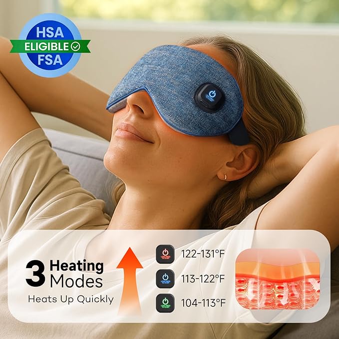 Ezona Cotton Cordless Heated Eye Mask, Warm Eye Compress Mask for Dry Eyes, Washable Eye Heating Pad for Travel, Dry Eyes, Blepharitis, Sinus Migraine (Blue)