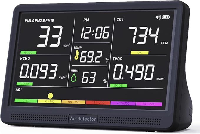 Professional Indoor Air Quality Monitor with 7X AQI Beep Alarms,16 in 1 Portable Real-Time Detector for PM2.5 | PM10 | CO2 | TVOC | HCHO | Temp | Hum for Home Cars Plants Pets (Aerolite Black)