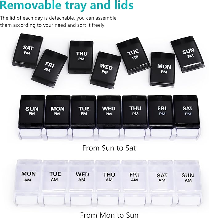 Large Pill Boxes and Organizer 2 Times a Day, MOLN HYMY 7 Day AM PM Pill Case, 14 Compartments Pill Dispenser to Hold Big Vitamin Supplements Fish Oil (Black+White)