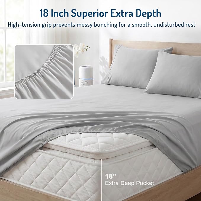 Degrees of Comfort Coolmax® Cooling Bed Sheets King Size with 18" Extra Deep Pocket, Moisture Wicking Cold Sheet Set for Hot Sleepers and Night Sweats, Cozy for All Seasons, Light Grey 4 Pieces
