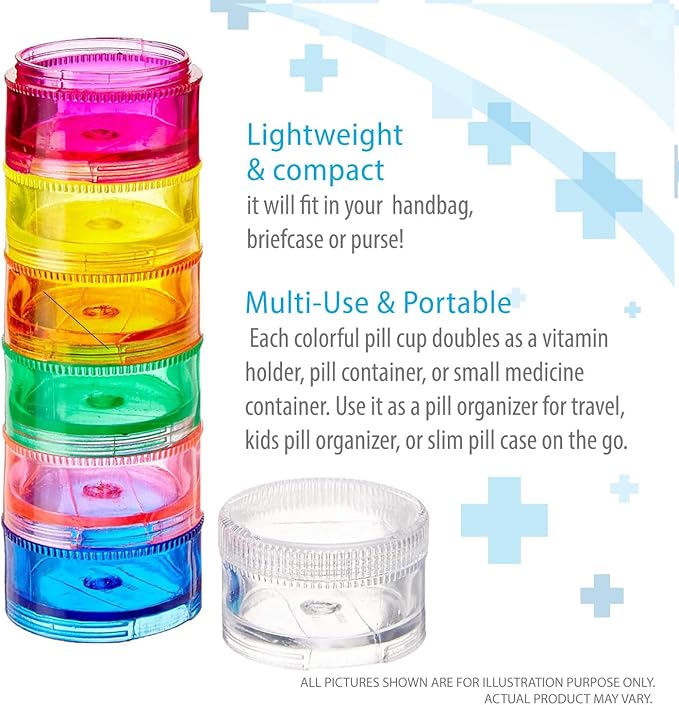 Deke Home - Stackable Pill Organizer (2 Pack), 7 Day Weekly Pill Box Tower with Twist Lock Compartments, BPA-Free, Travel Medicine Holder & Vitamin Dispenser, Compact & Portable Case, Rainbow Colored