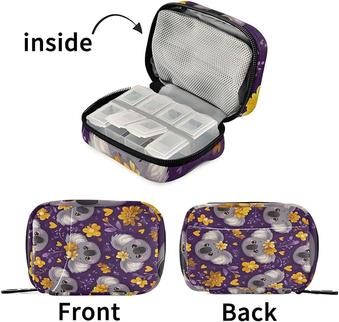Purple Koala Heads and Flowers Travel Pill Organizer Case Box Container Weekly Portable Vitamin Medicine Holder Storage Bag with Zipper Removable